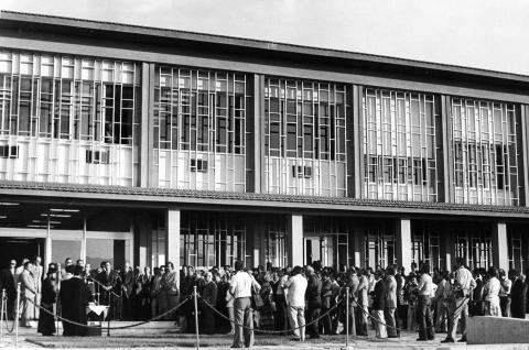 Grayscale photo of founding ceremony